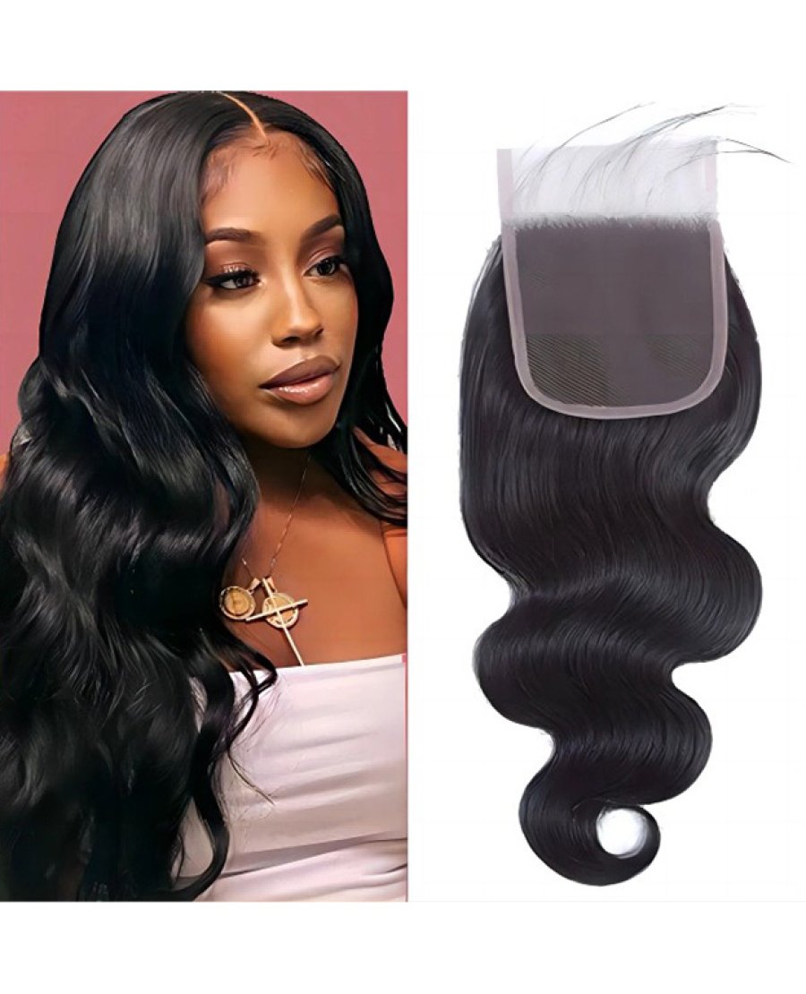 4x4 Lace Closure Human Hair Pre Plucked Bleached Knots Body Wave 1B
