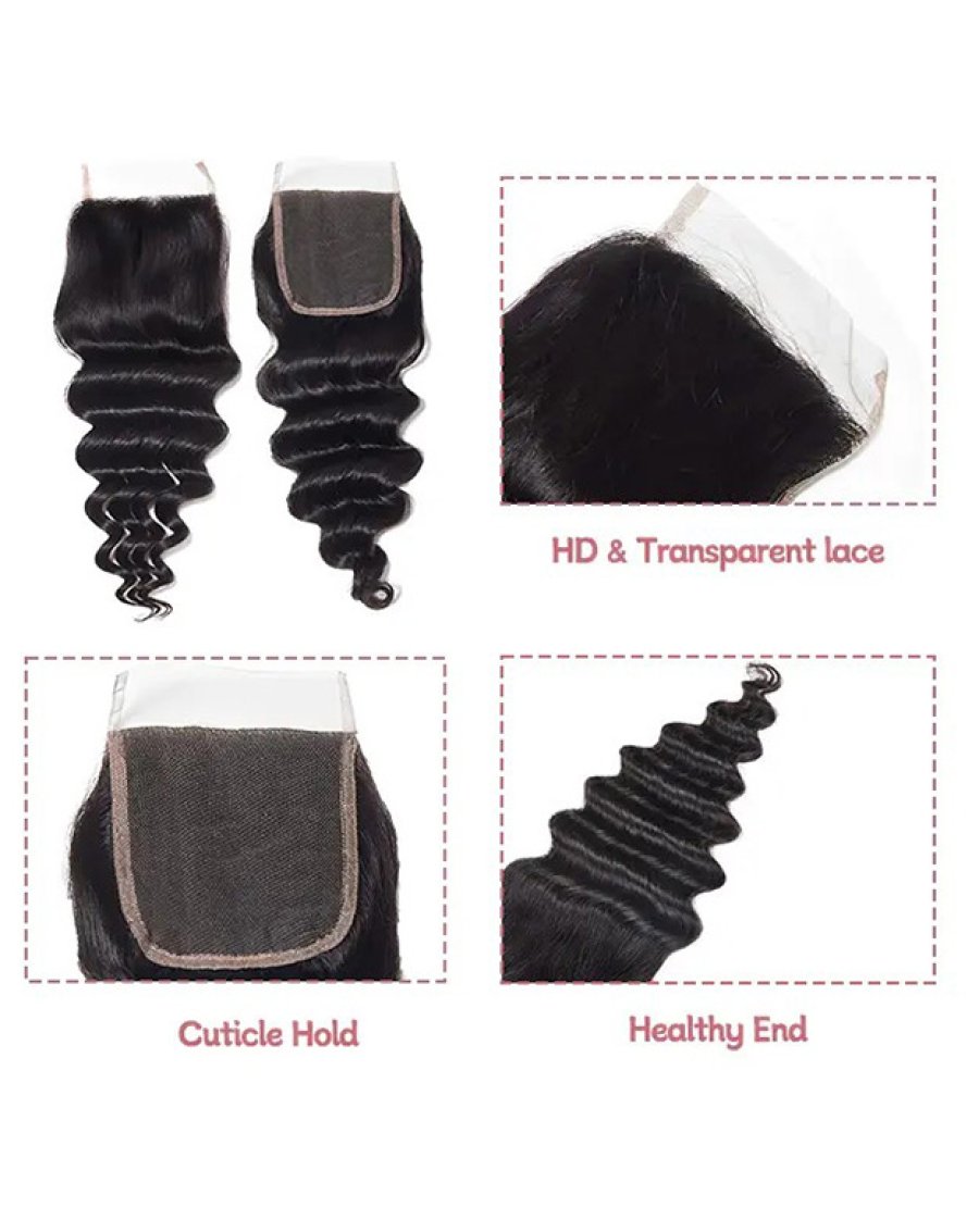 5x5 Lace Closure Human Hair Pre Plucked Bleached Knots Deep Wave