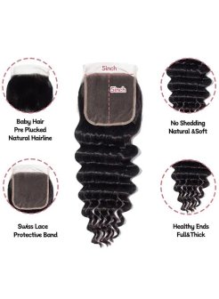 5x5 Lace Closure Human Hair Pre Plucked Bleached Knots Deep Wave