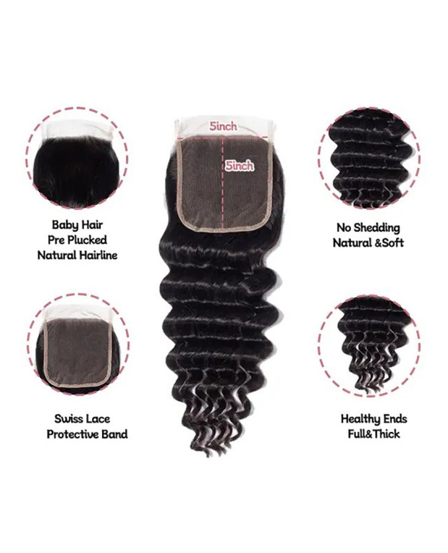 5x5 Lace Closure Human Hair Pre Plucked Bleached Knots Deep Wave