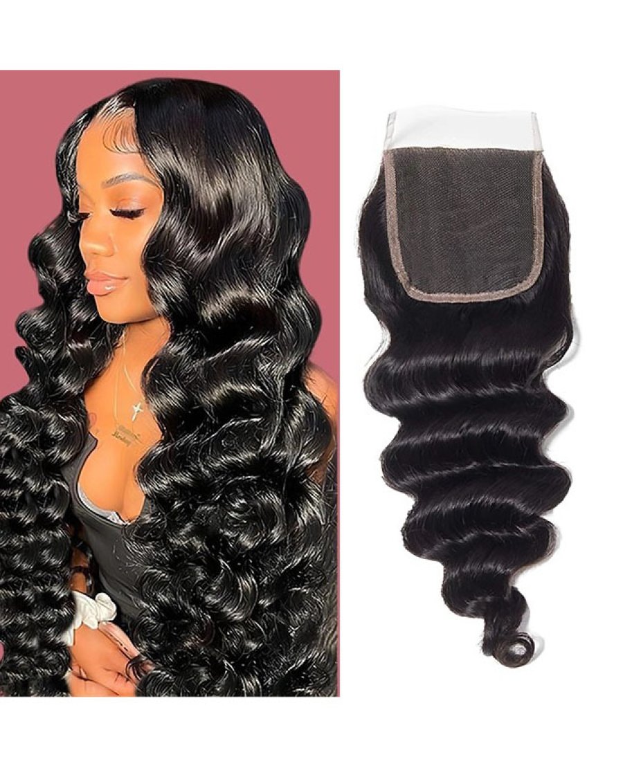 5x5 Lace Closure Human Hair Pre Plucked Bleached Knots Deep Wave