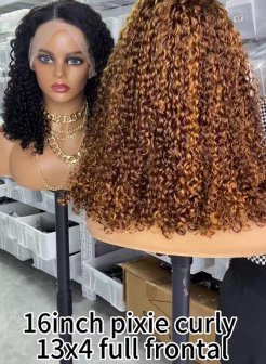 Transparent lace full frontal13x4 pixie curly natural black color wig