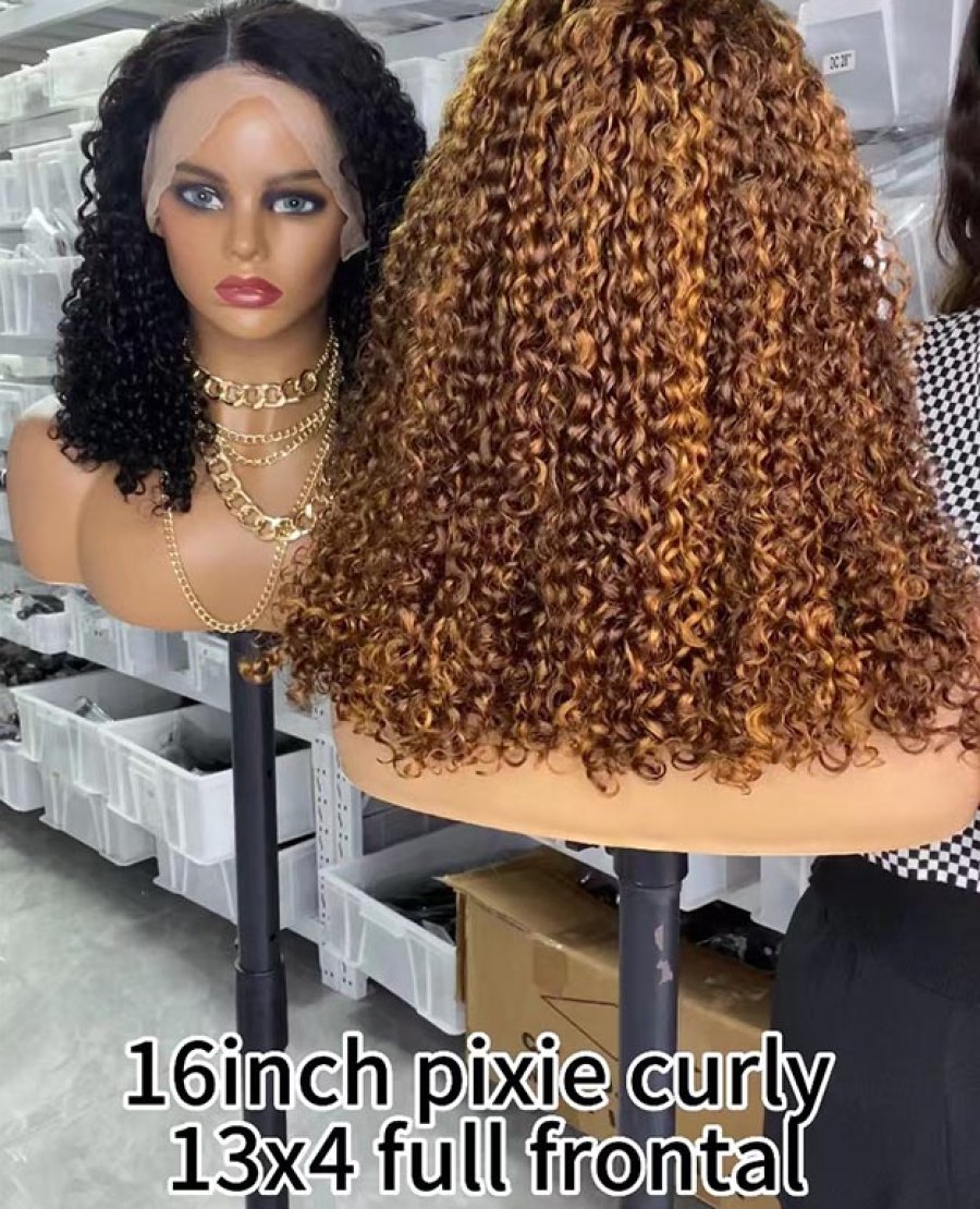 Transparent lace full frontal13x4 pixie curly natural black color wig