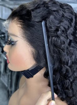 13x4 lace front human hair wig bleached knots deep wave natural black color