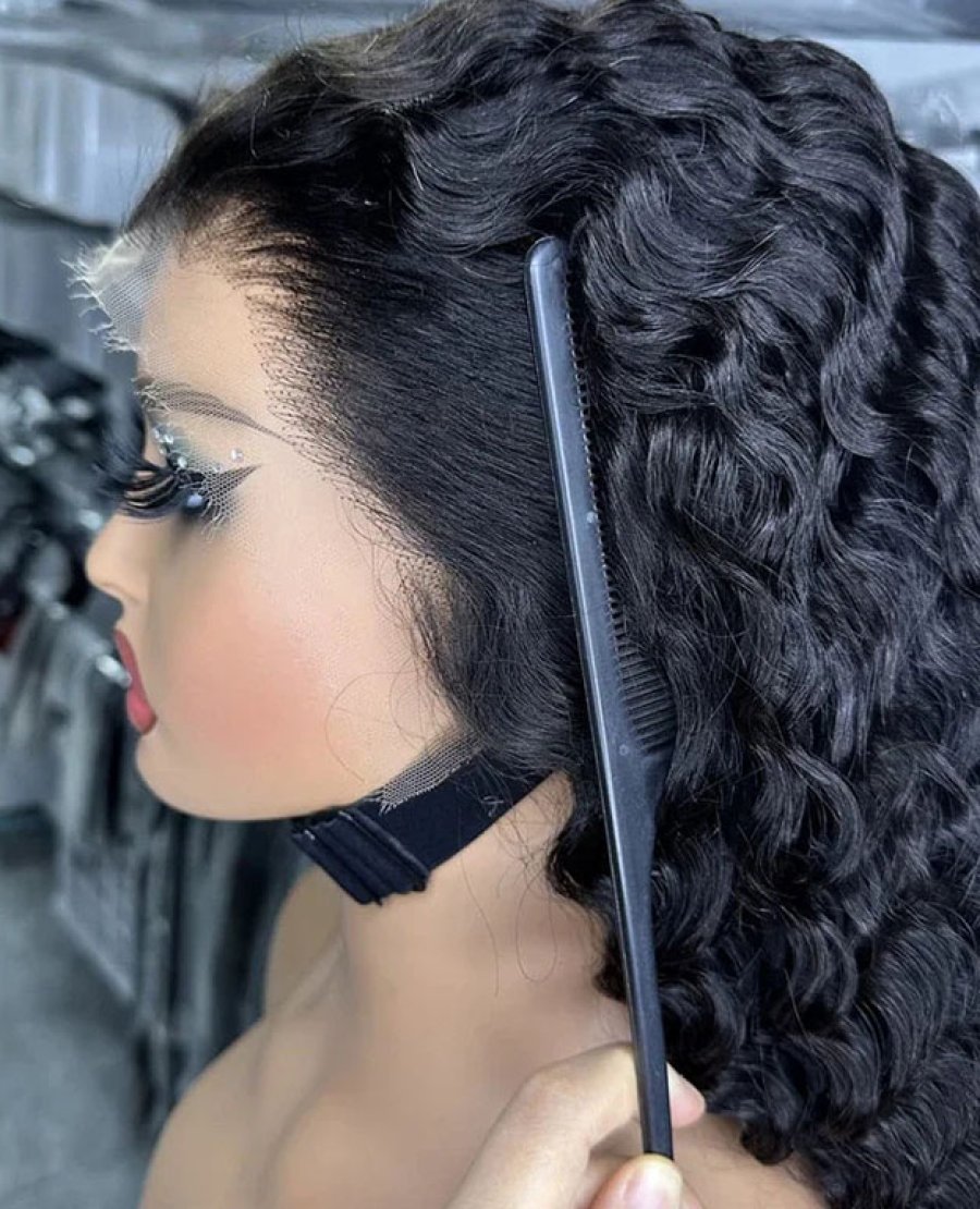 13x4 lace front human hair wig bleached knots deep wave natural black color