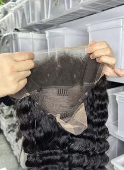 13x4 lace front human hair wig bleached knots deep wave natural black color