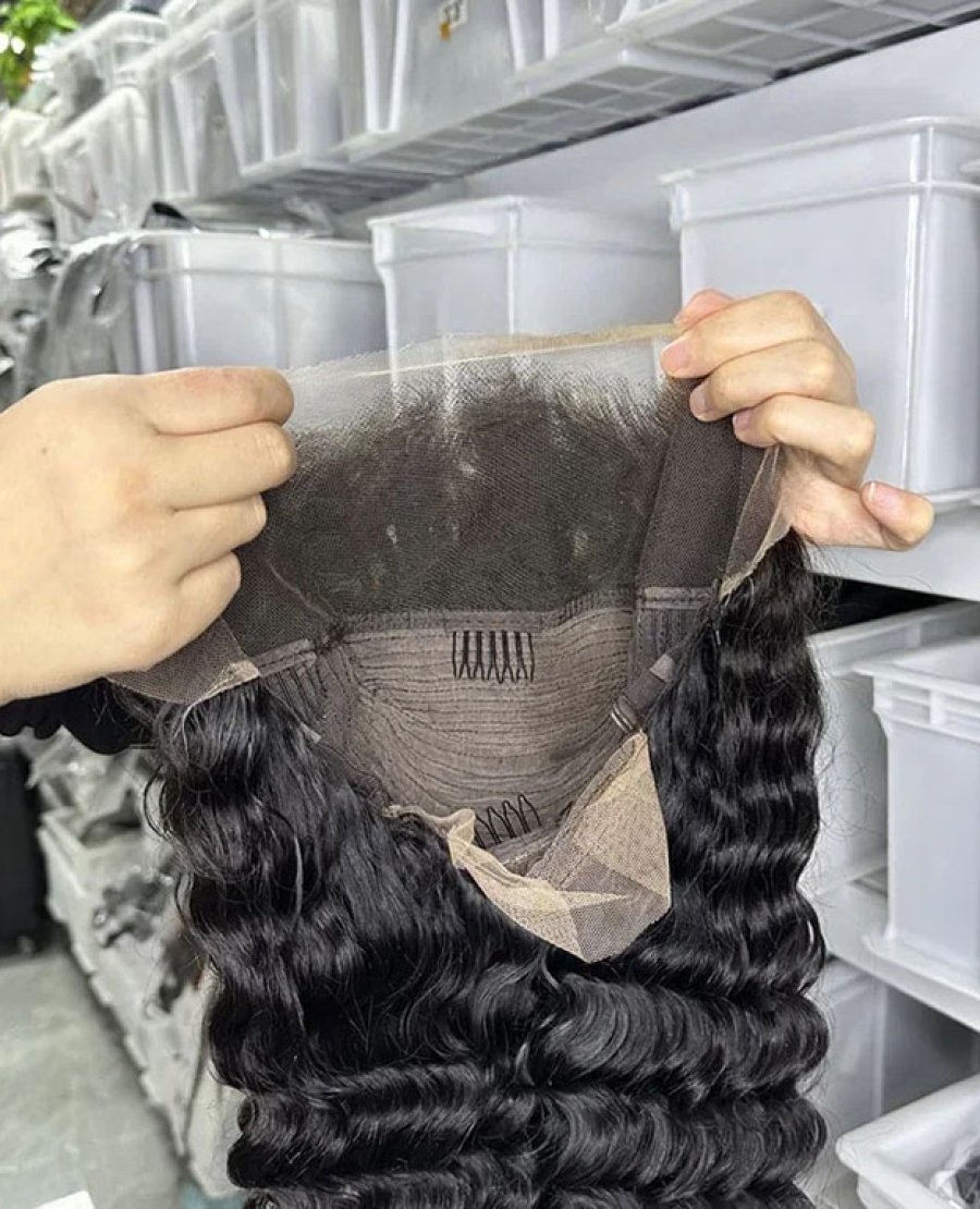 13x4 lace front human hair wig bleached knots deep wave natural black color