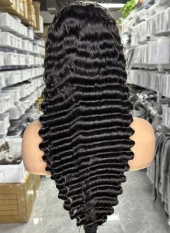 13x4 lace front human hair wig bleached knots deep wave natural black color