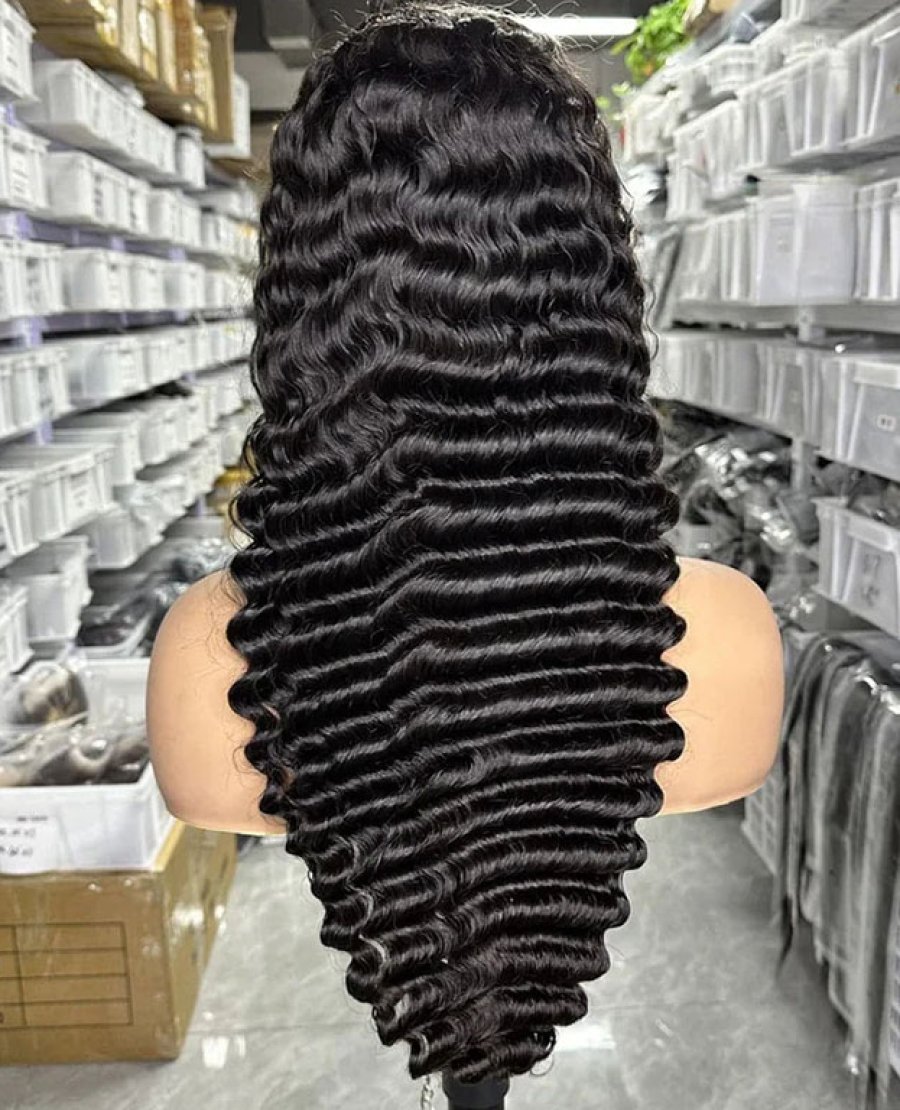 13x4 lace front human hair wig bleached knots deep wave natural black color