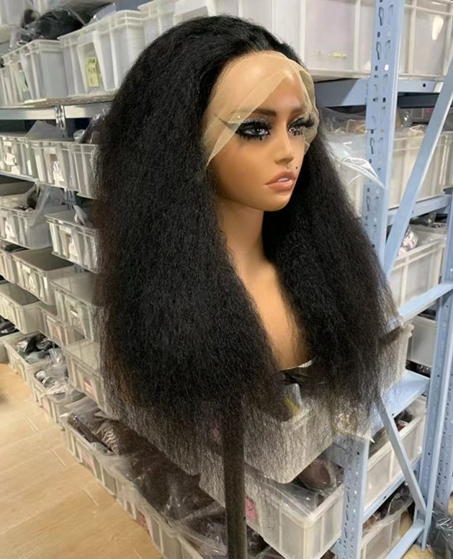 Transparent lace full frontal13x4 kinky straight natural black color wig