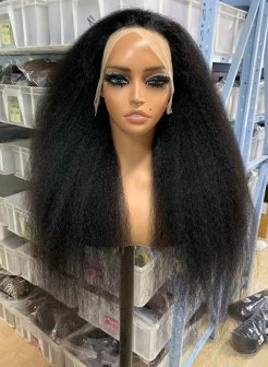 Transparent lace full frontal13x4 kinky straight natural black color wig