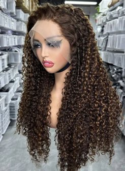 Transparent lace full frontal13x4 pixie curly natural black color wig