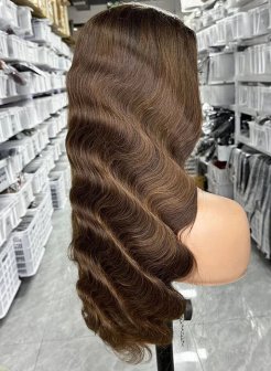 5x5 closure brown color body wave transparent lace wig