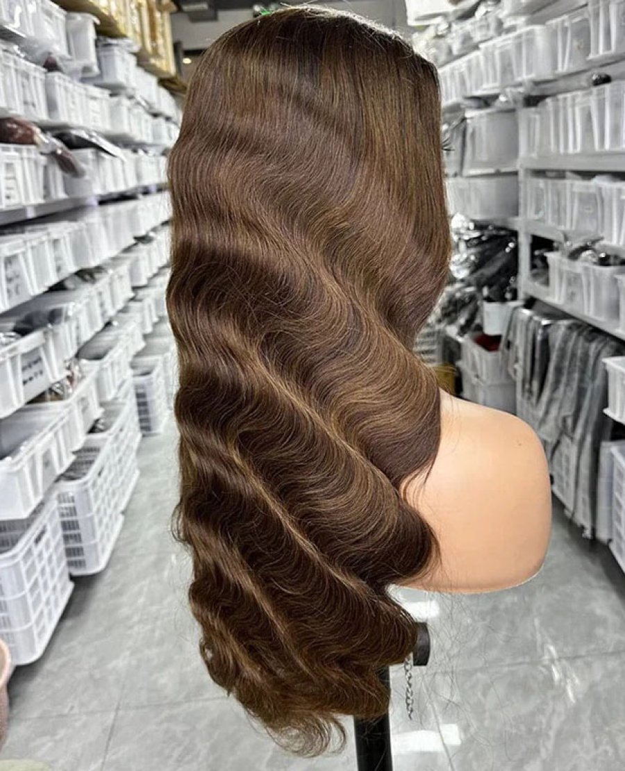 5x5 closure brown color body wave transparent lace wig