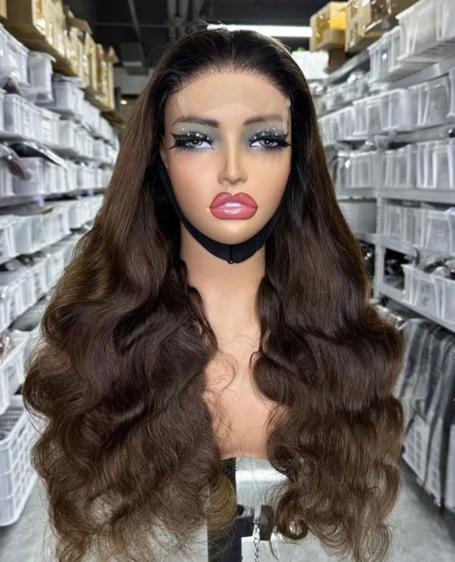 5x5 closure brown color body wave transparent lace wig