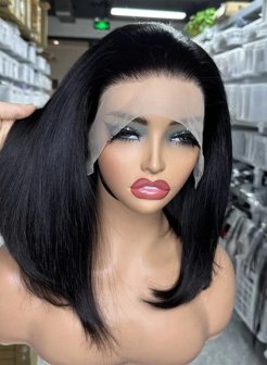 13x4 natural black color straight double drawn bob wig