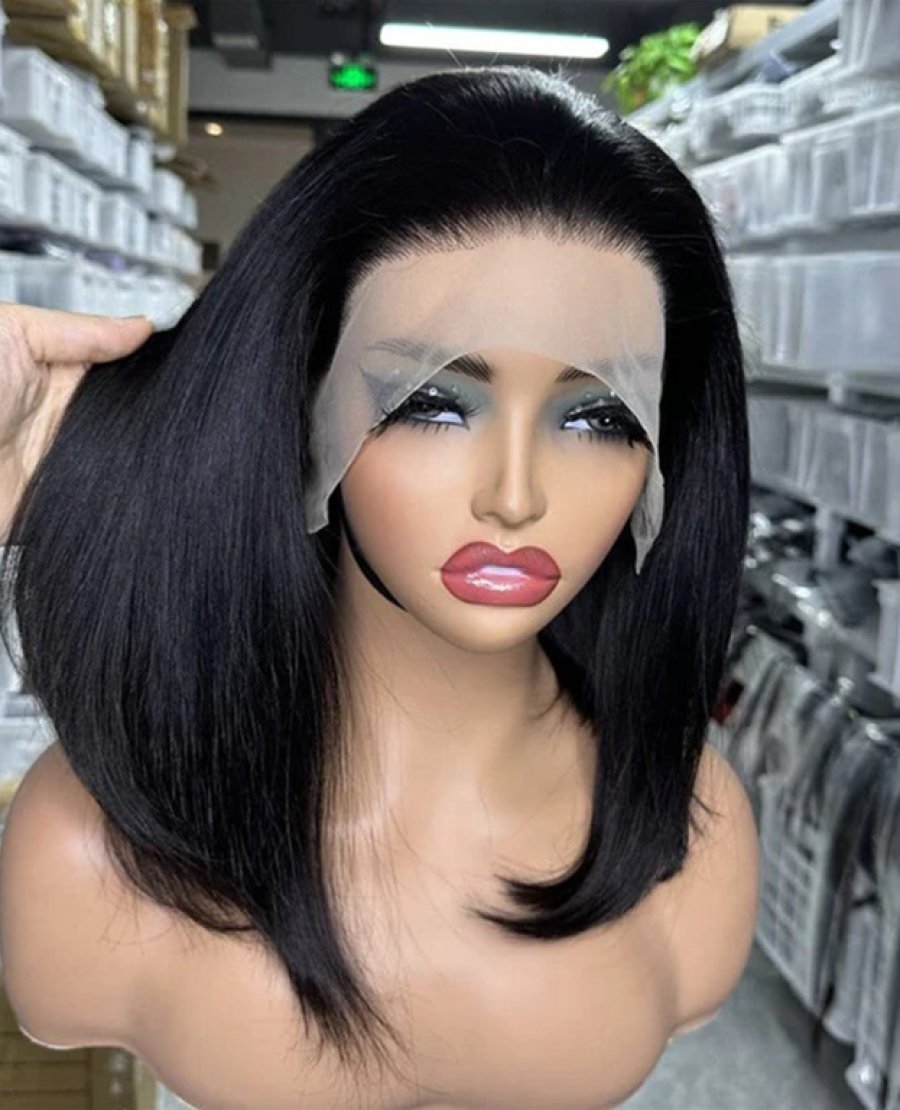 13x4 natural black color straight double drawn bob wig