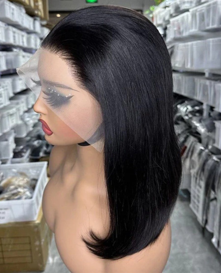 13x4 natural black color straight double drawn bob wig