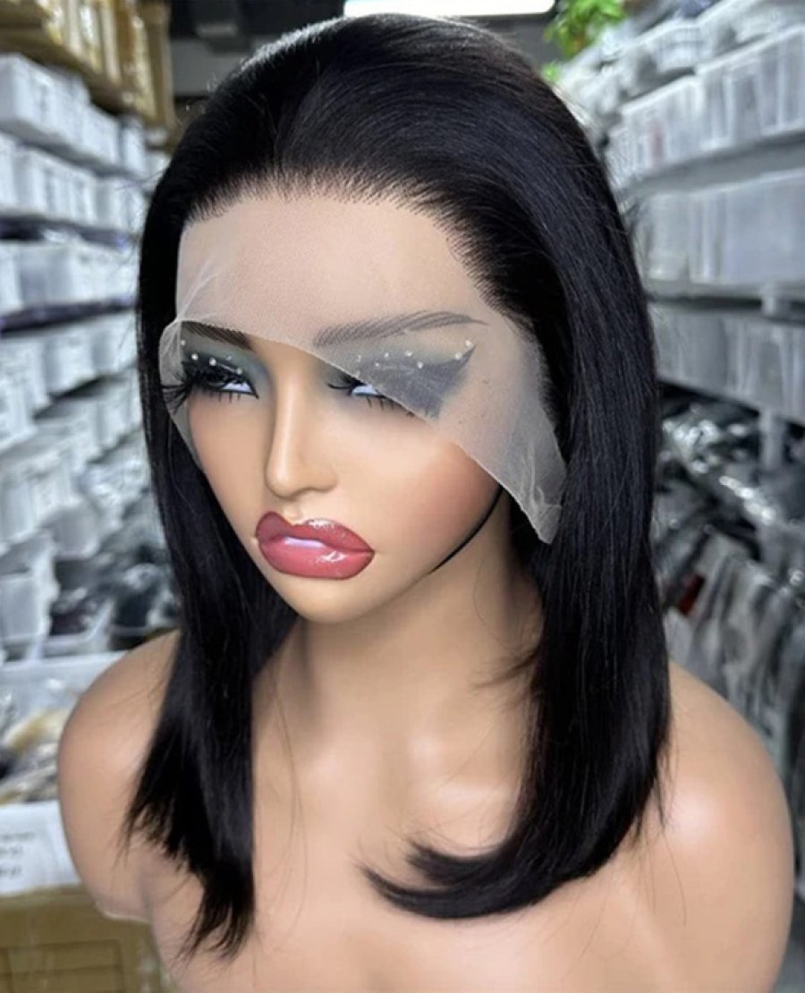 13x4 natural black color straight double drawn bob wig