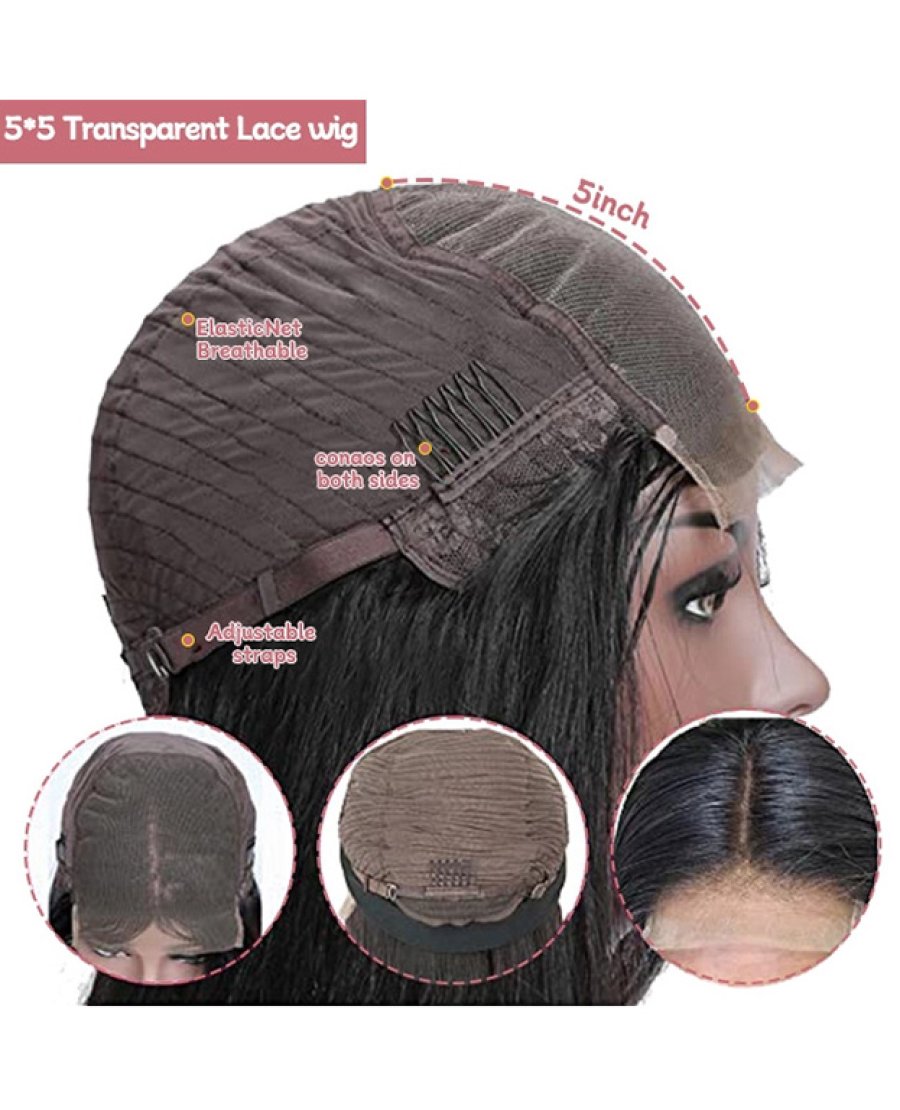 5x5 body wave bleached knots transparent lace closure wig