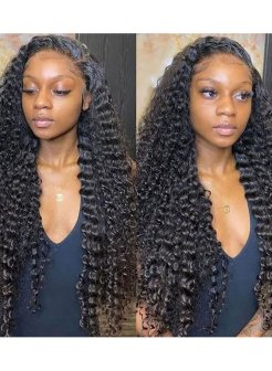13x4 lace front human hair wig bleached knots deep wave natural black color