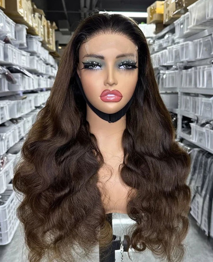 13x4 full frontal glueless brown color straight body wave curly wig