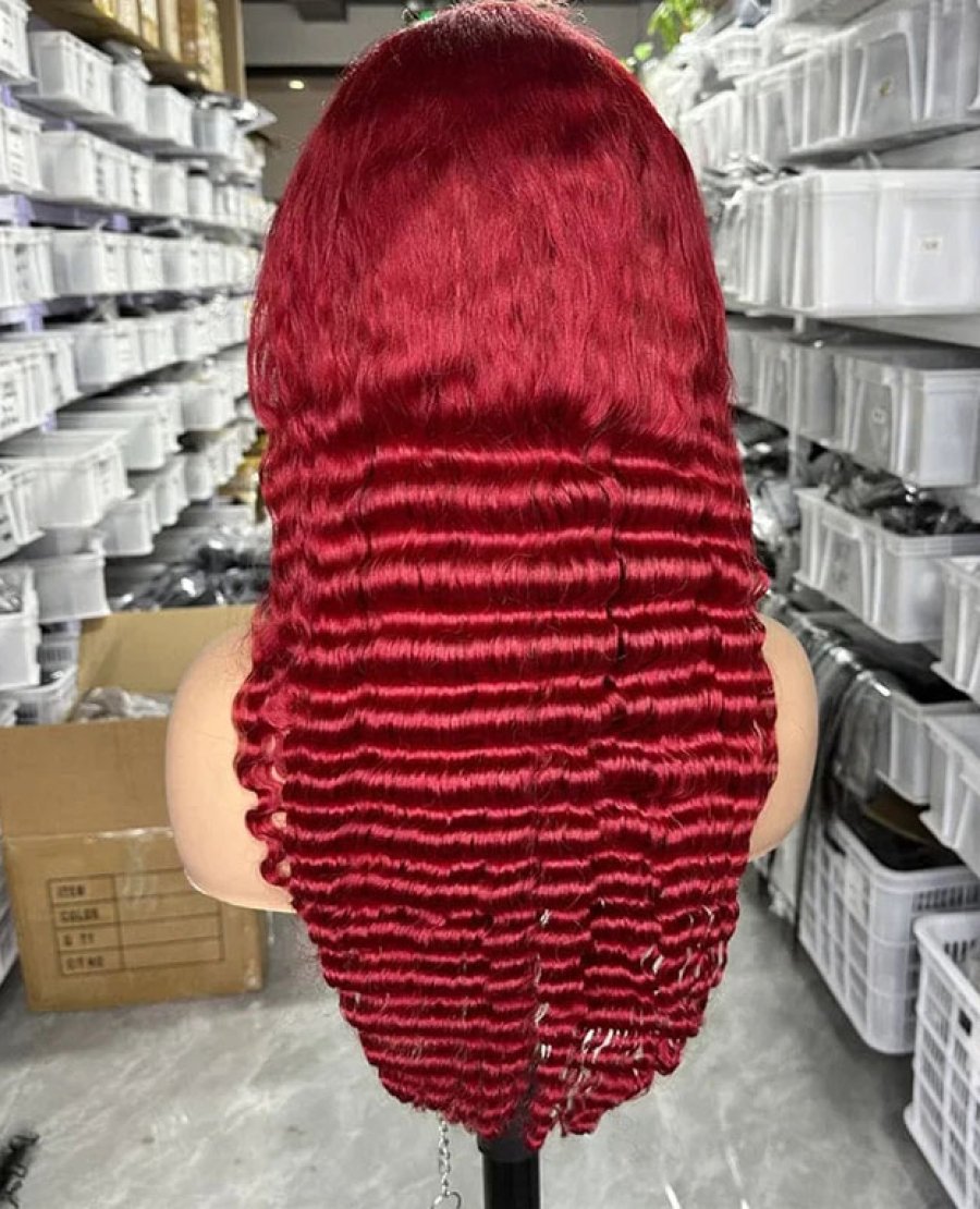 13x4 red deep wave full frontal red color wig
